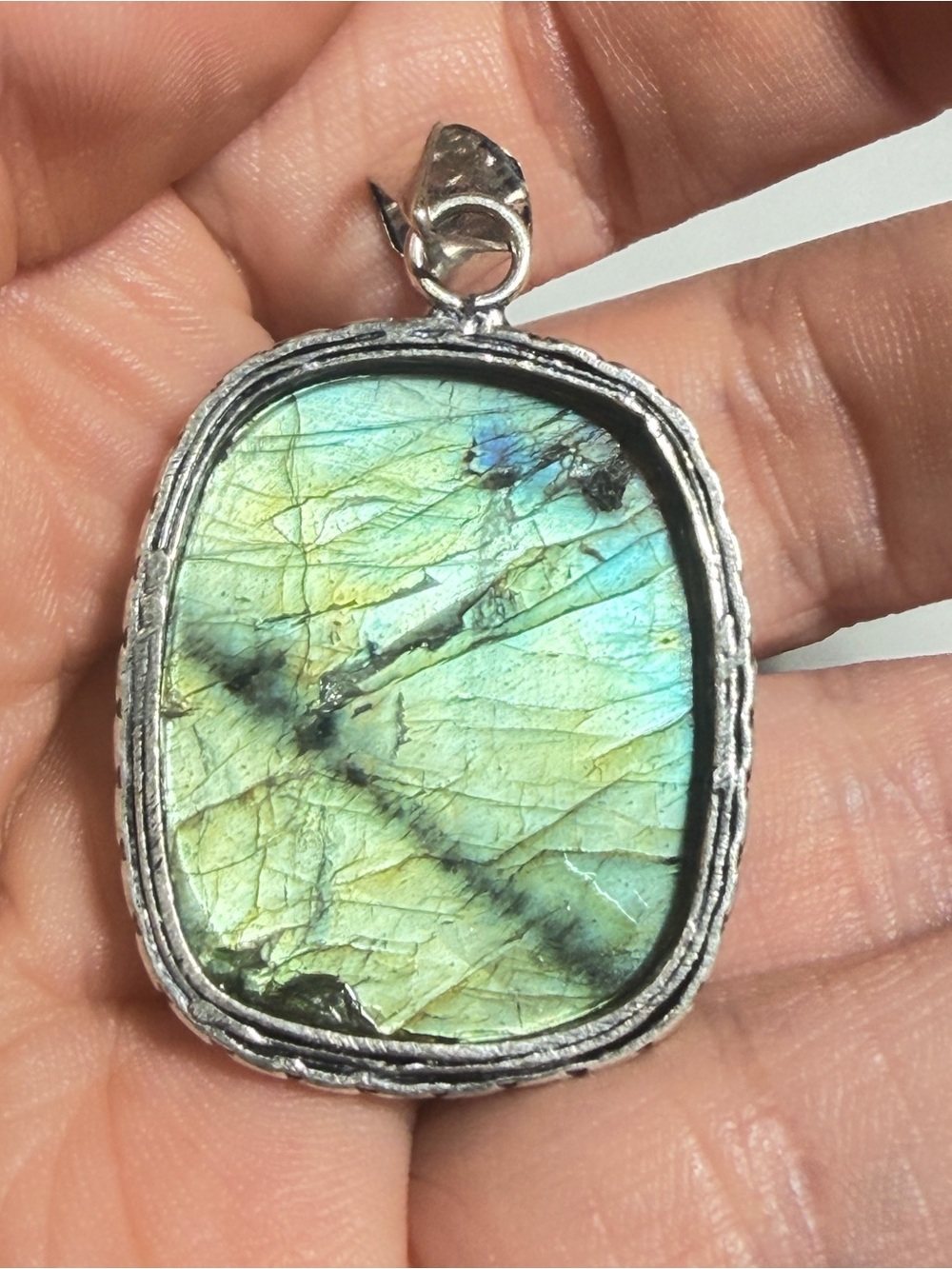 Labradorite Pendant | Teal Green Flash | Organic Rectangle | 2 Inches - Picture 8 of 9